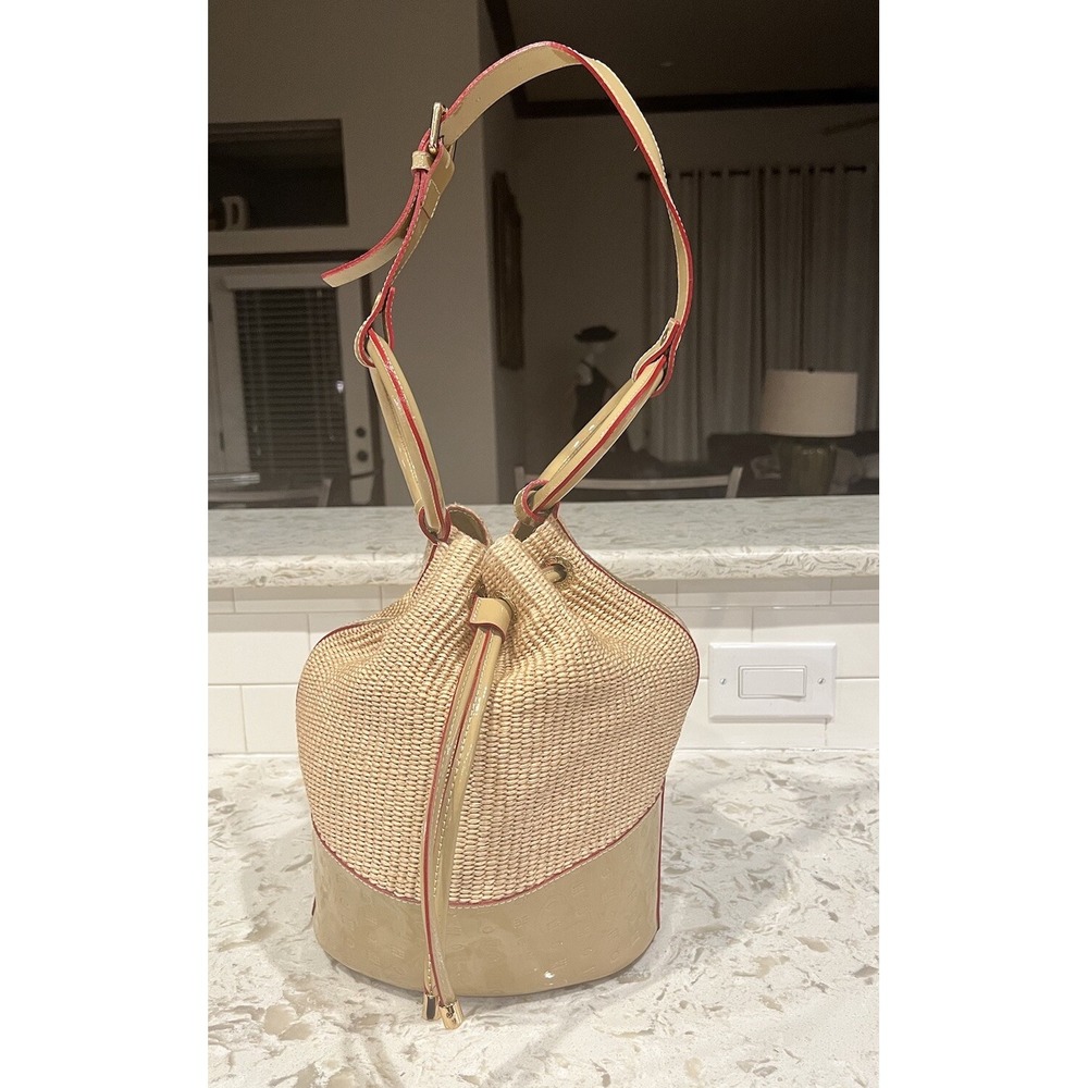 Arcadia Patent Leather Neutral Straw Bucket Bag with Tan Leather Trim